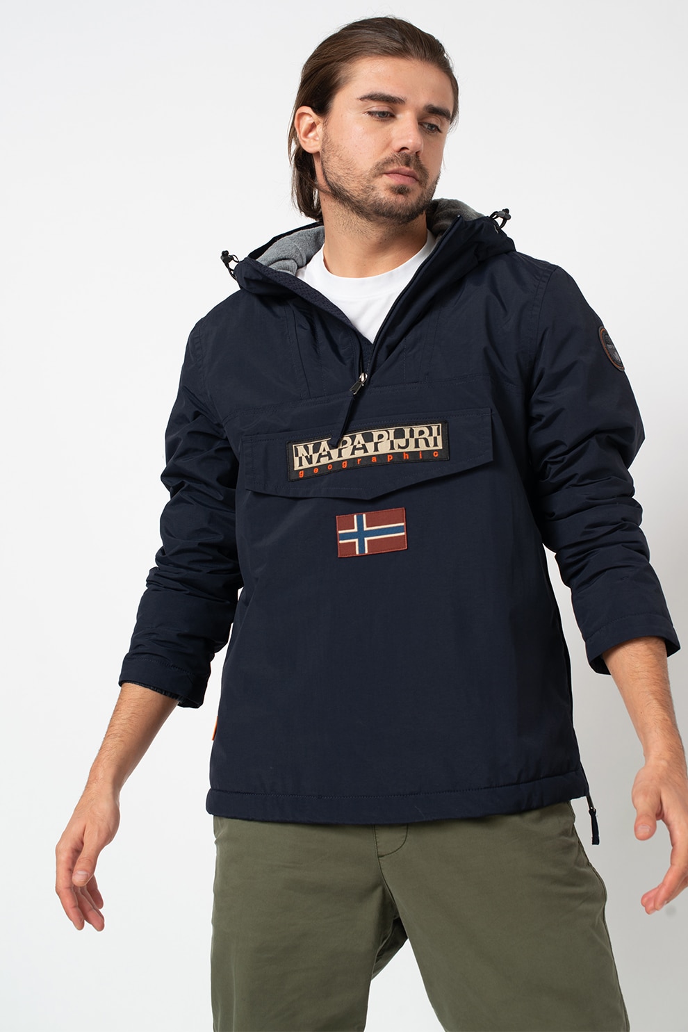 Napapijri, Geaca cu gluga si imprimeu logo, fara inchidere Rainforest, Bleumarin inchis