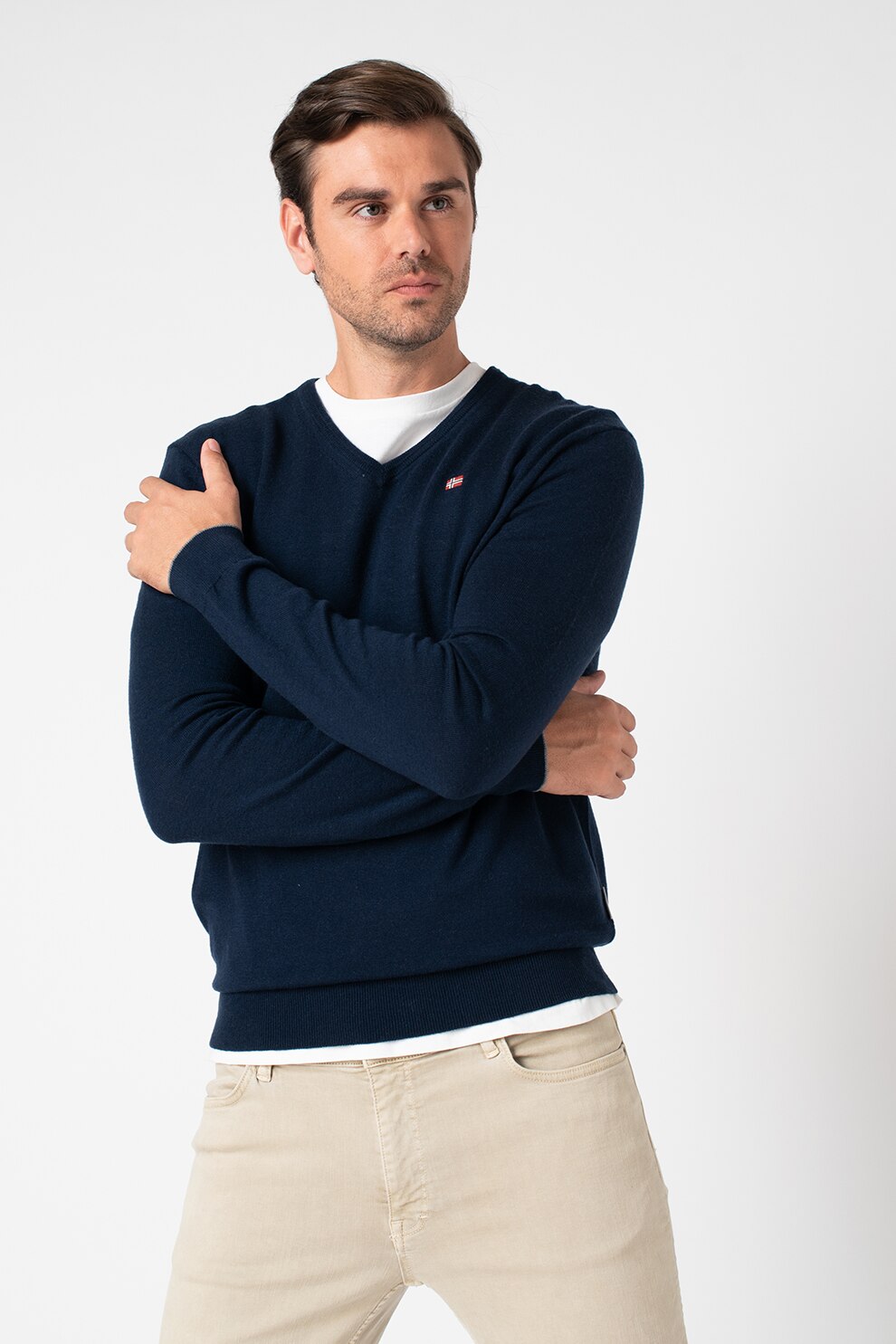 Napapijri, Pulover de lana cu decolteu in V Damavand, Bleumarin