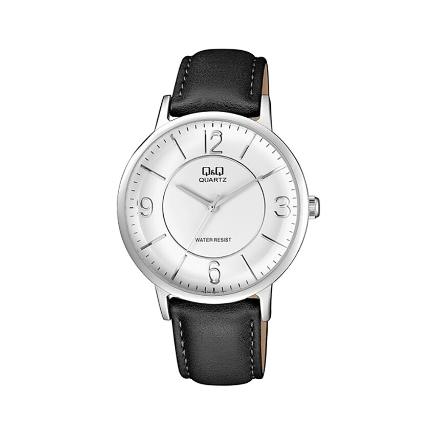 Ceas barbatesc Q&Q casual, din piele, negru si alb