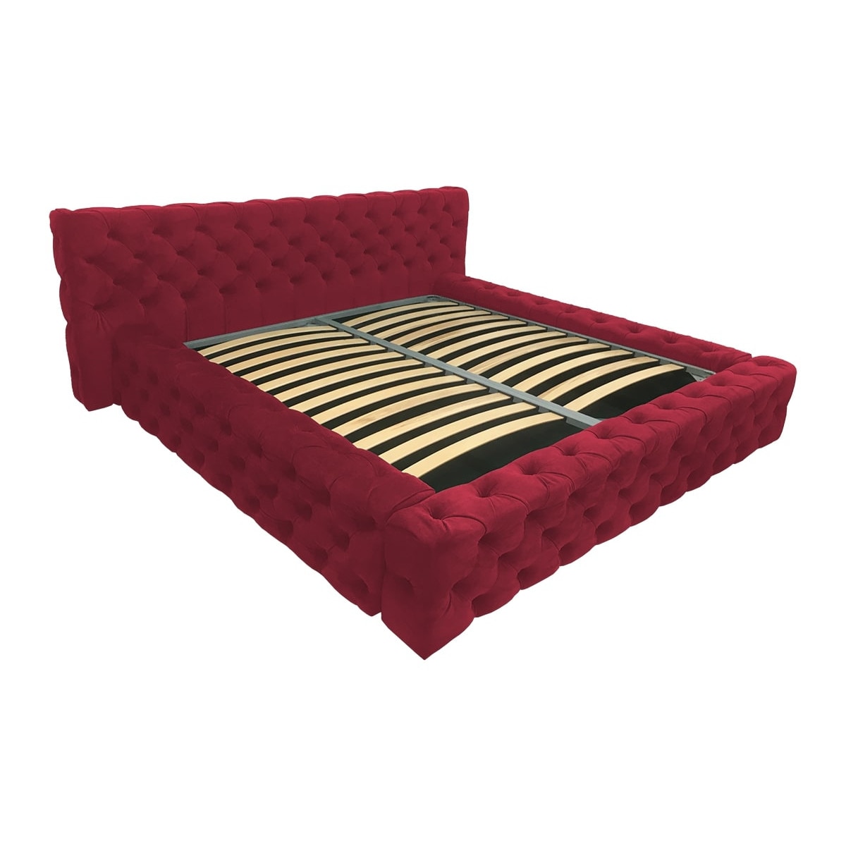 Pat tapitat Gold Rosu, MobAmbient, cu tablie Chesterfield din catifea, somiera metalica rabatabila, lada de depozitare, pentru saltea 160 x 200 cm
