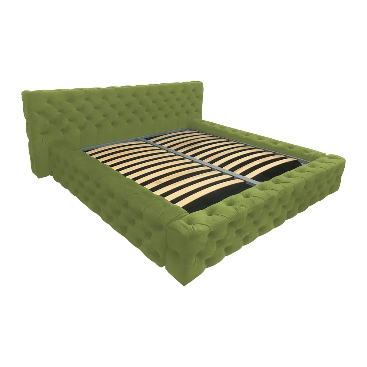 Pat tapitat Gold Verde deschis, MobAmbient, cu tablie Chesterfield din catifea, somiera metalica rabatabila, lada de depozitare, pentru saltea 160 x 200 cm