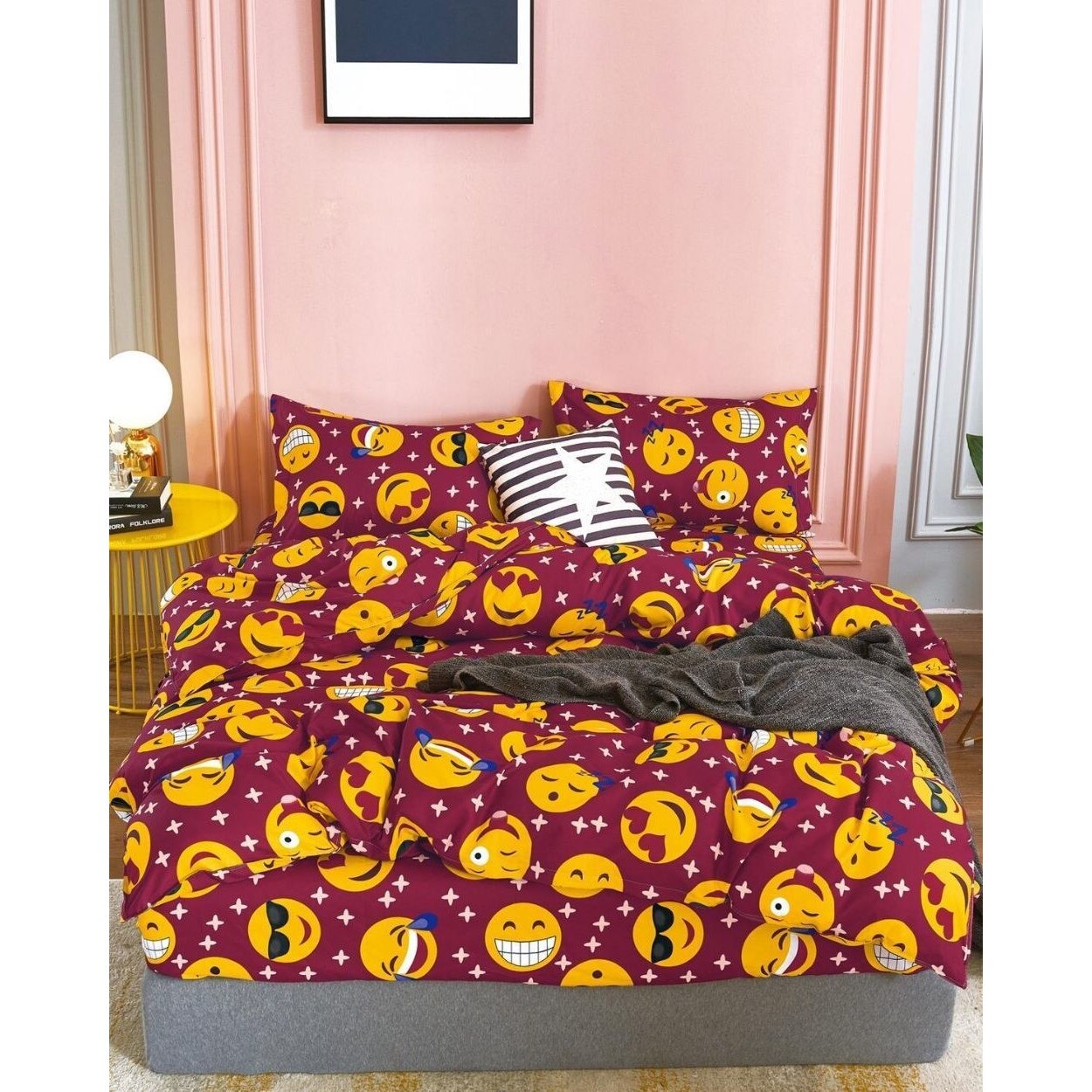 Set Lenjerie Bumbac Satinat 2 Fete - 4 Piese - Emojis