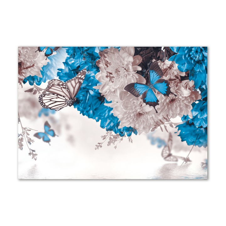 Tablou pe sticla, 100x70cm, Imagine imprimata sticla, Decorarea peretilor "Flori si fluturi”