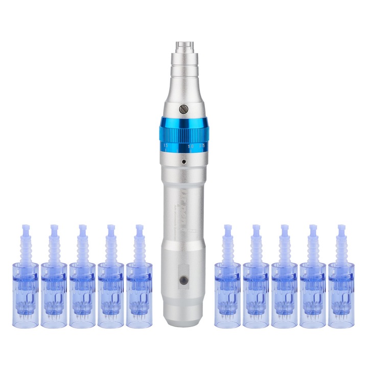 Aparat masaj facial, Dermapen, 10 capete rezerva cu 12 ace din titan, Dr.Pen Ultima A6, Wireless, pentru regenerarea pielii, Argintiu/Albastru