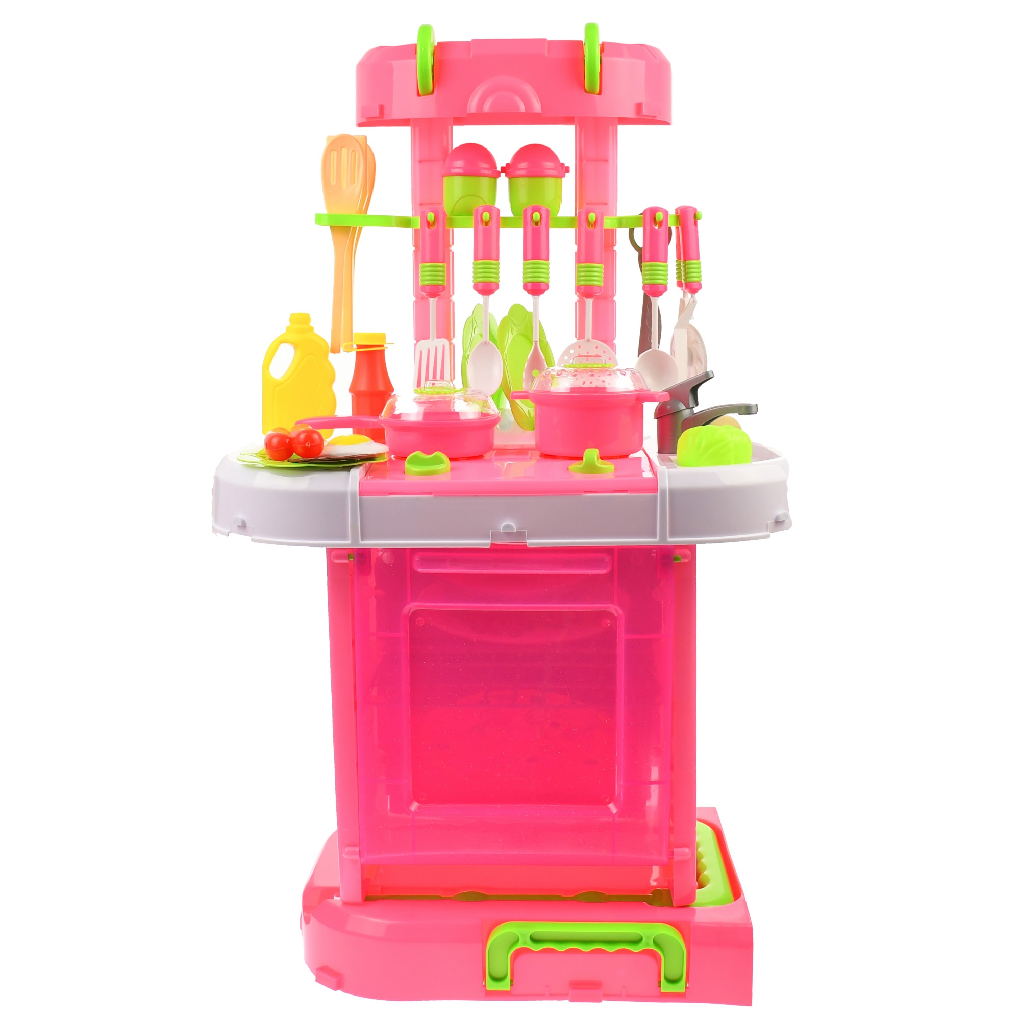 Set Bucatarie de jucarie, cu gentuta tip troller, mancare, ustensile, recipiente, sunete si lumini pentru copii - LY638