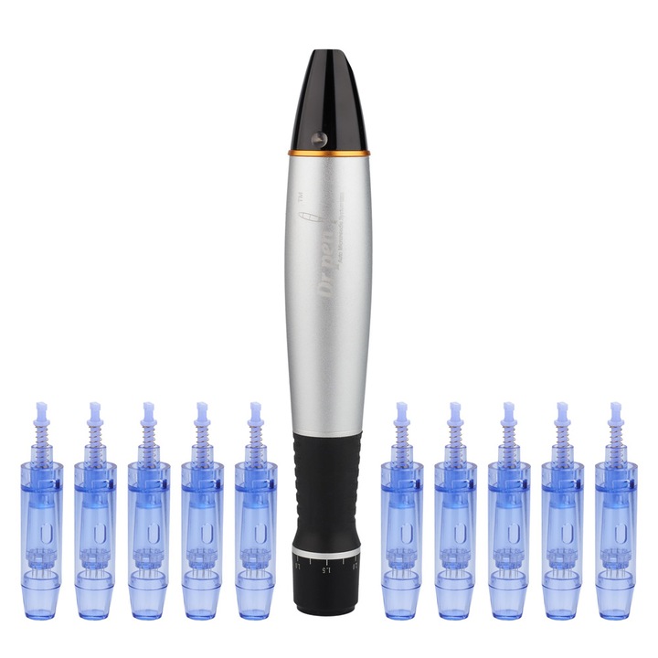 Апарат за масаж на лиц Dermapen Dr.Pen Ultima A1-C, 10 резервни глави с 12 титанови игли, За регенерация на кожата, Черен/Сив