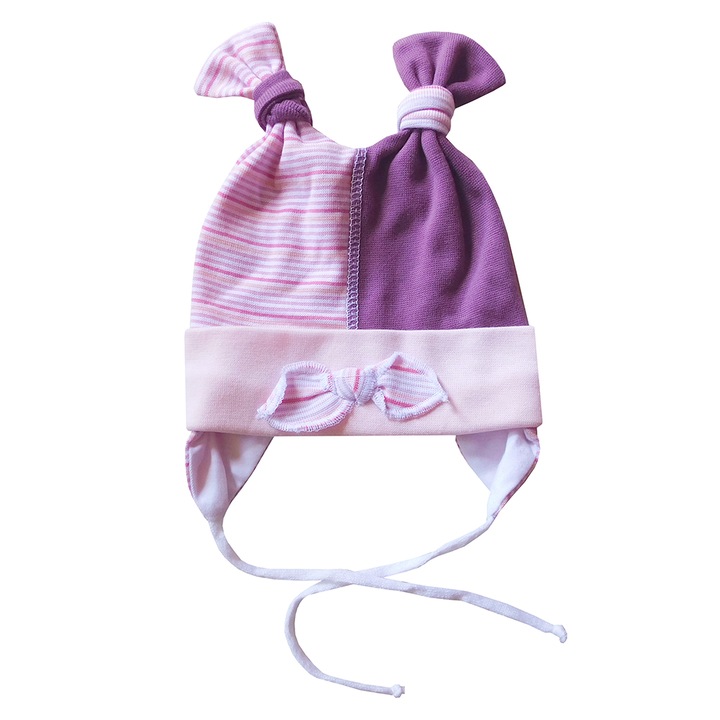 Megkötős átmeneti pamutsapka lányoknak, gyerek sapka - Masni (Lila, rózsaszín, 32 cm)
