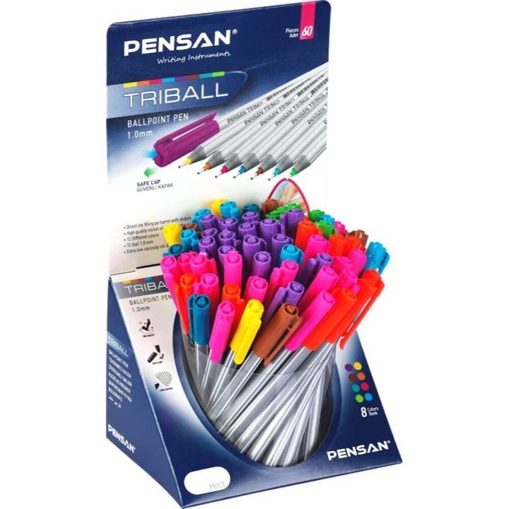 Set Pixuri PENSAN Triball, Varf 1 mm, 60 Bucati, Scriere Multicolora, Corp de Plastic