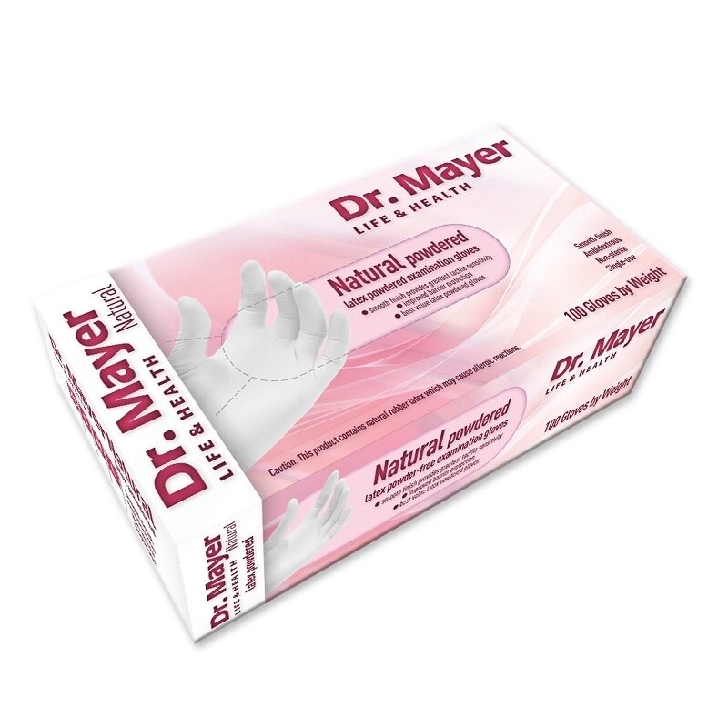 Set 100 bucati manusi latex pudrate, Dr. Mayer Natural, finisaj neted, alb/crem, marimea XL
