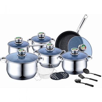 Set de Oale cu Capace din Sticla Termorezistenta, 18 Piese, Fund 9 straturi, Manere termometru, Otel inoxidabil, Orificiu eliberare aburi, Argintiu Set de Oale cu Capace din Sticla Termorezistenta, 18 Piese, Fund 9 straturi, Manere termometru, Otel inoxidabil, Orificiu eliberare aburi, Argintiu