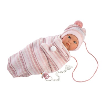 Papusa interactiva Llorens Crying Babies - Baby Cuquita, saculet roz, 30 cm Papusa interactiva Llorens Crying Babies - Baby Cuquita, saculet roz, 30 cm
