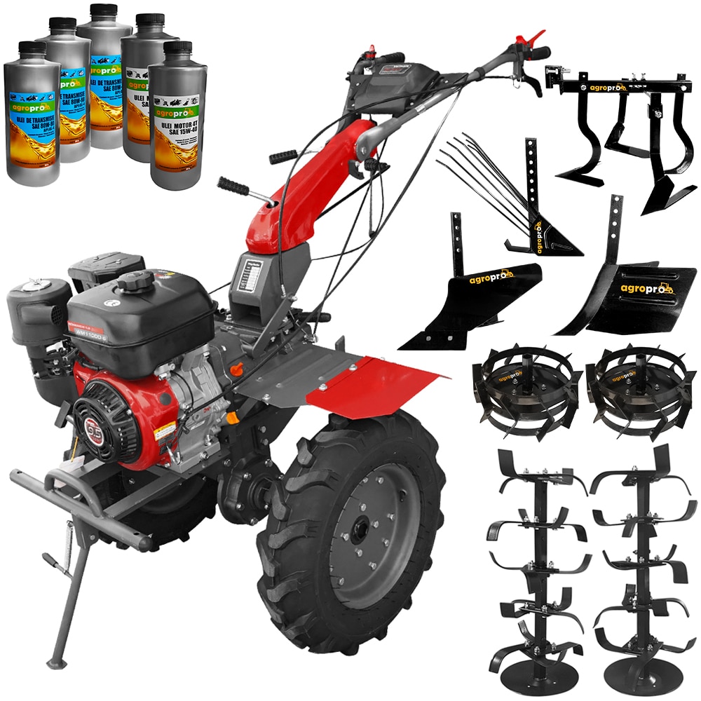 Set motocultor Weima WM 1100D-6, motor 9 CP, latime lucru 80-140 cm, freze, roti cauciuc 500x12, roti metal, rarita reglabila, plug arat, plug cartofi, cultivator, 5l ulei AgroPro