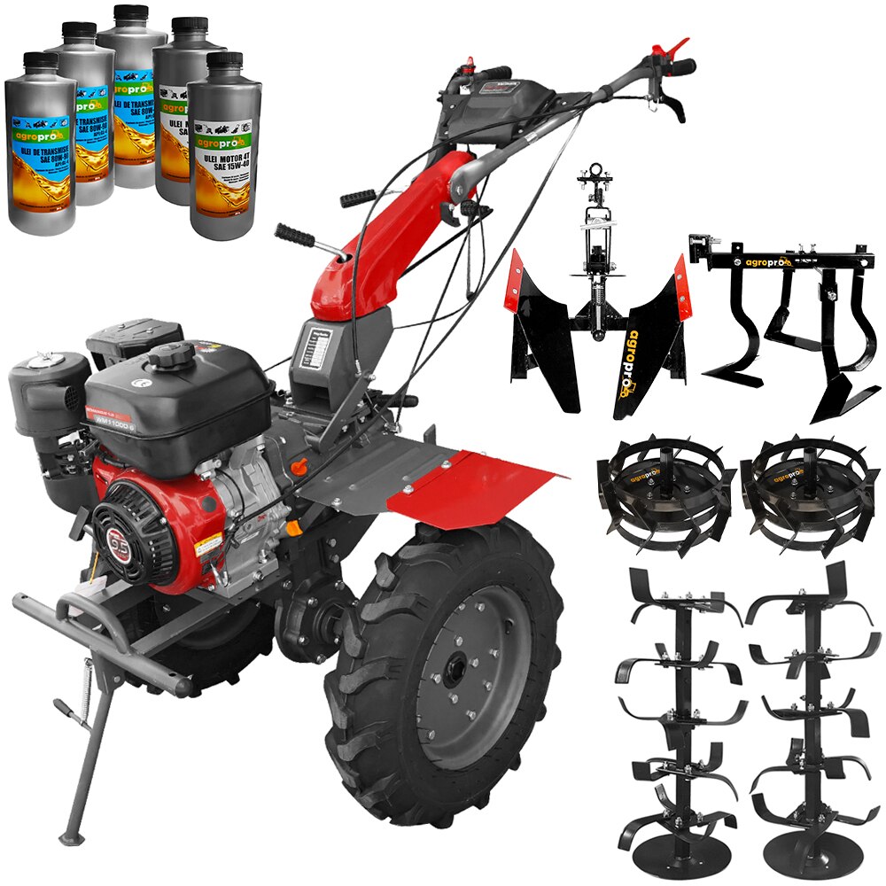 Set motocultor Weima WM 1100D-6, motor 9 CP, latime lucru 80-140 cm, freze, roti cauciuc 500x12, roti metal, cultivator, plug reversibil, 5l ulei AgroPro