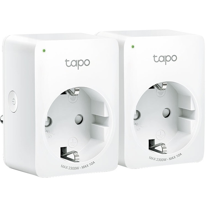 Комплект 2 смарт контакта TP-Link Mini Tapo P100, Wi-Fi, Гласов контрол, 10A, Съвместимост Android/iOS, Amazon Alexa и Google Assistant, 220-240V, Бял