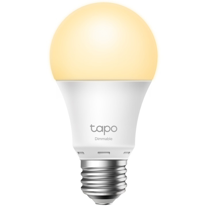 Bec LED inteligent TP-Link Tapo L510E, Wi-Fi, E27, 8.7W (60W), lumina calda (2700K), compatibil Amazon Alexa si Google Assistant, clasa energetica F