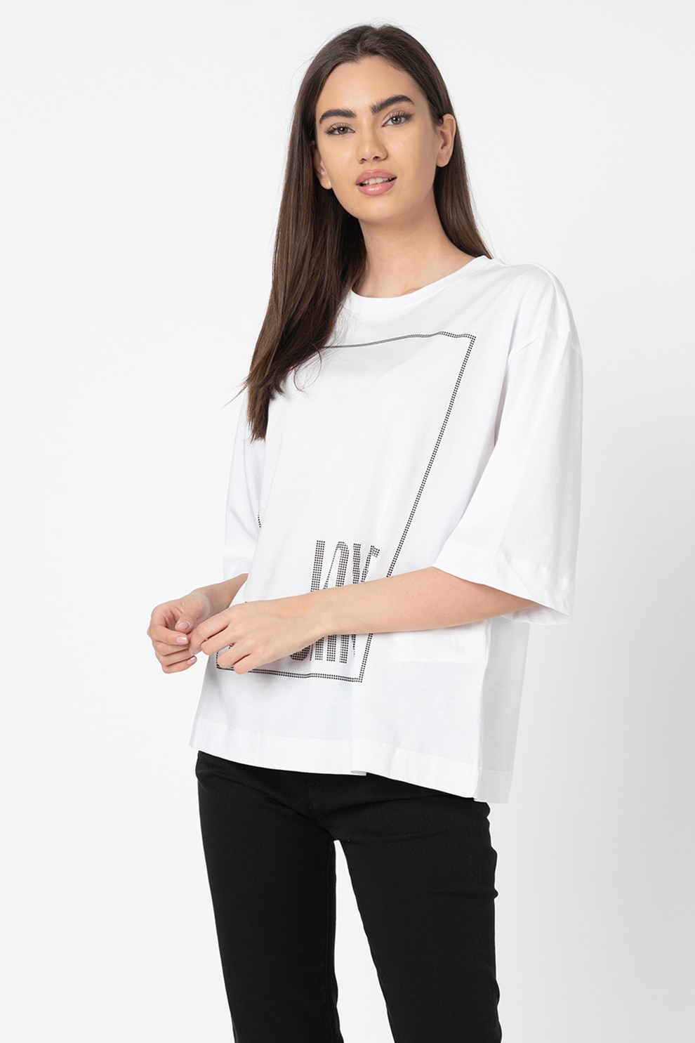 Love Moschino, Tricou supradimensionat cu imprimeu logo, Alb optic/Negru