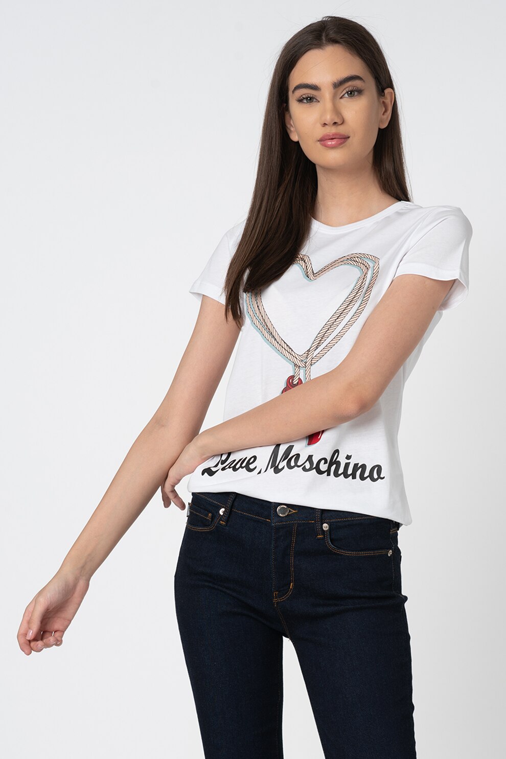 Love Moschino, Tricou cu decolteu la baza gatului si imprimeu grafic, Alb/Bej/Negru