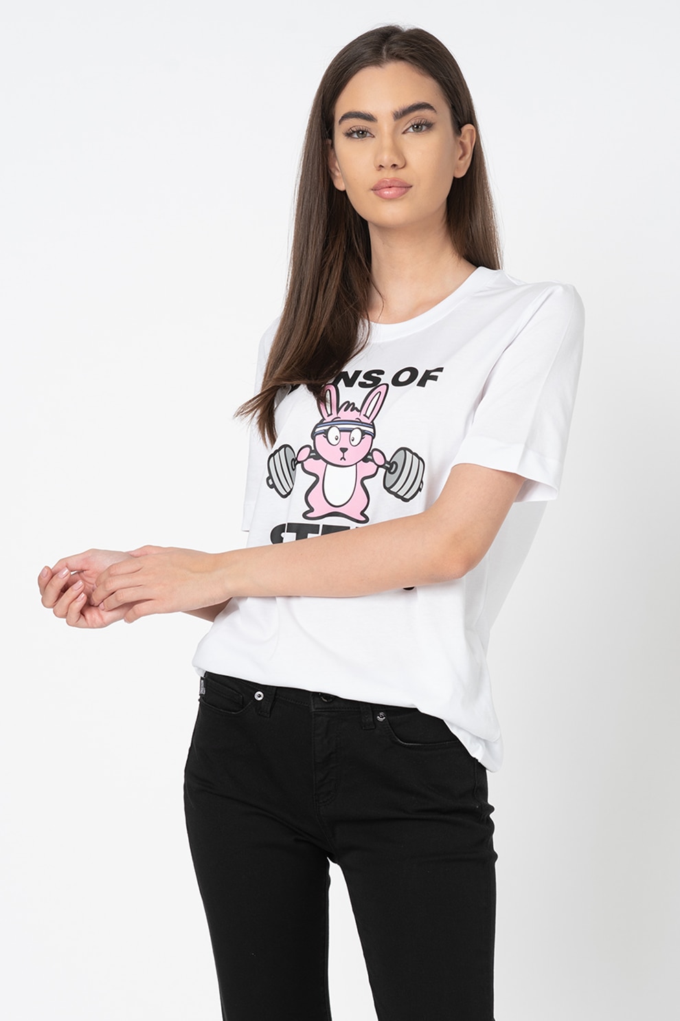 Love Moschino, Tricou de bumbac cu imprimeu, Alb/Roz/Negru
