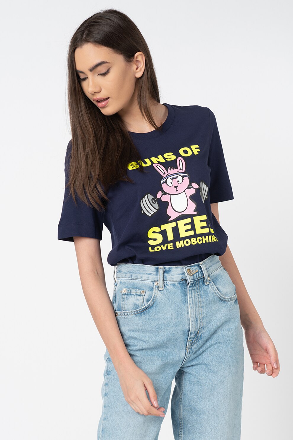 Love Moschino, Tricou de bumbac cu imprimeu, Violet aubergine/Verde neon/Roz