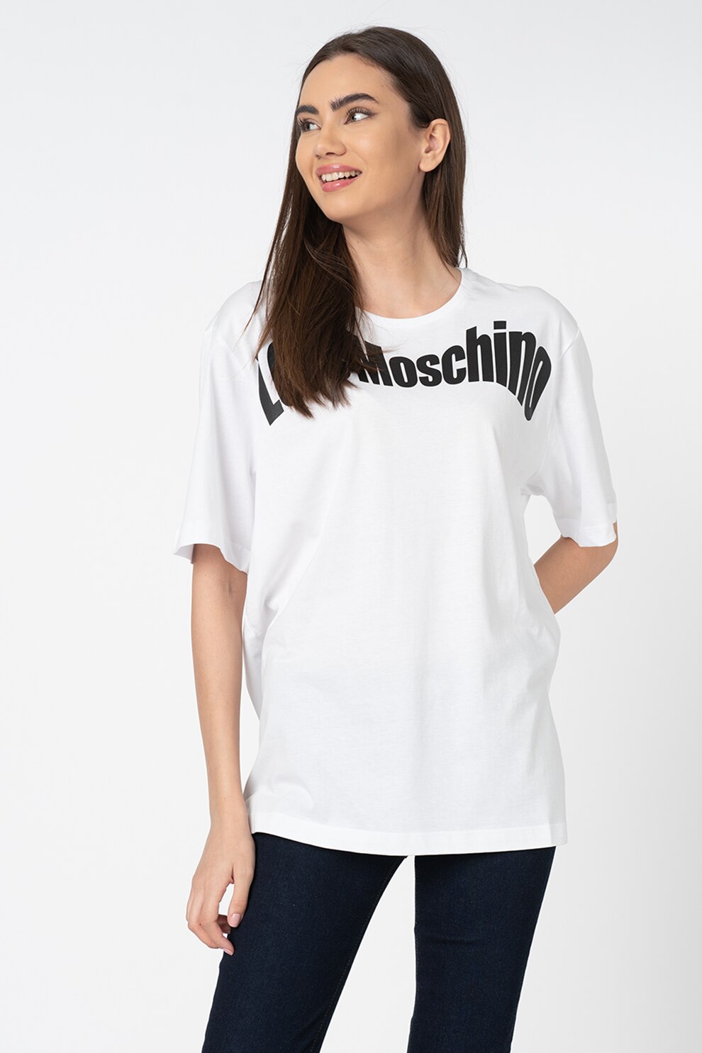 Love Moschino, Tricou supradimensionat cu imprimeu text contrastant, Alb/Negru
