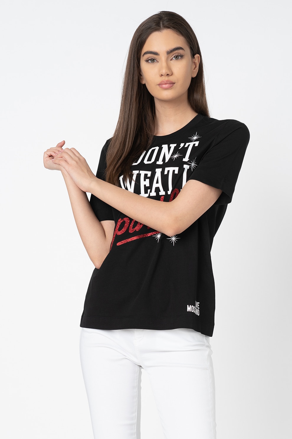 Love Moschino, Tricou cu imprimeu text, Negru/Rosu/Alb