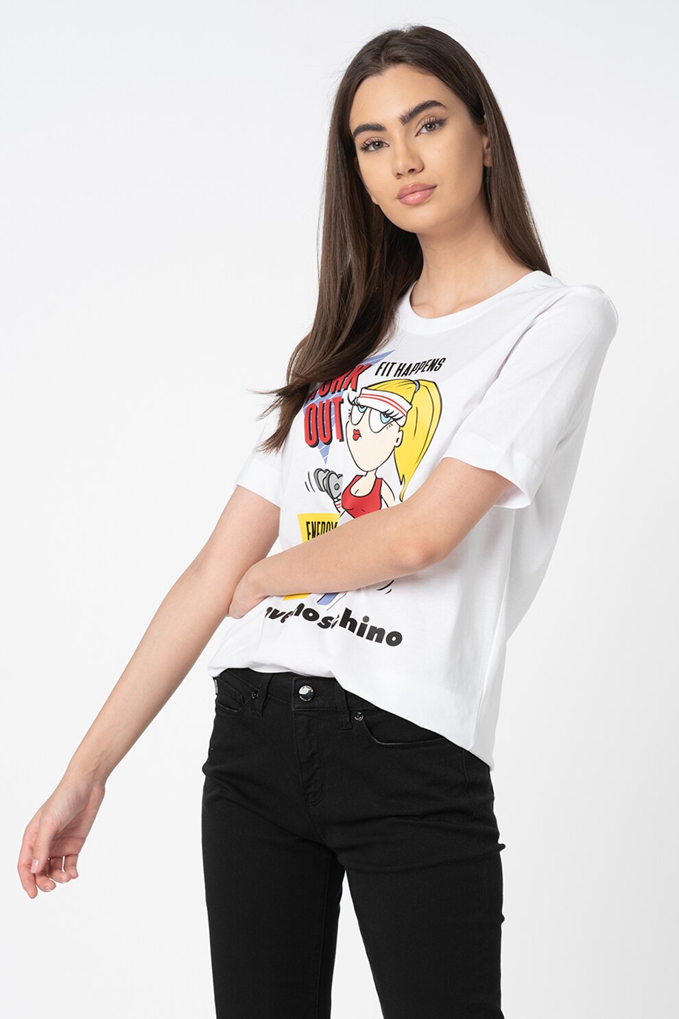 Love Moschino, Tricou cu decolteu la baza gatului si imprimeu, Alb/Galben/Rosu
