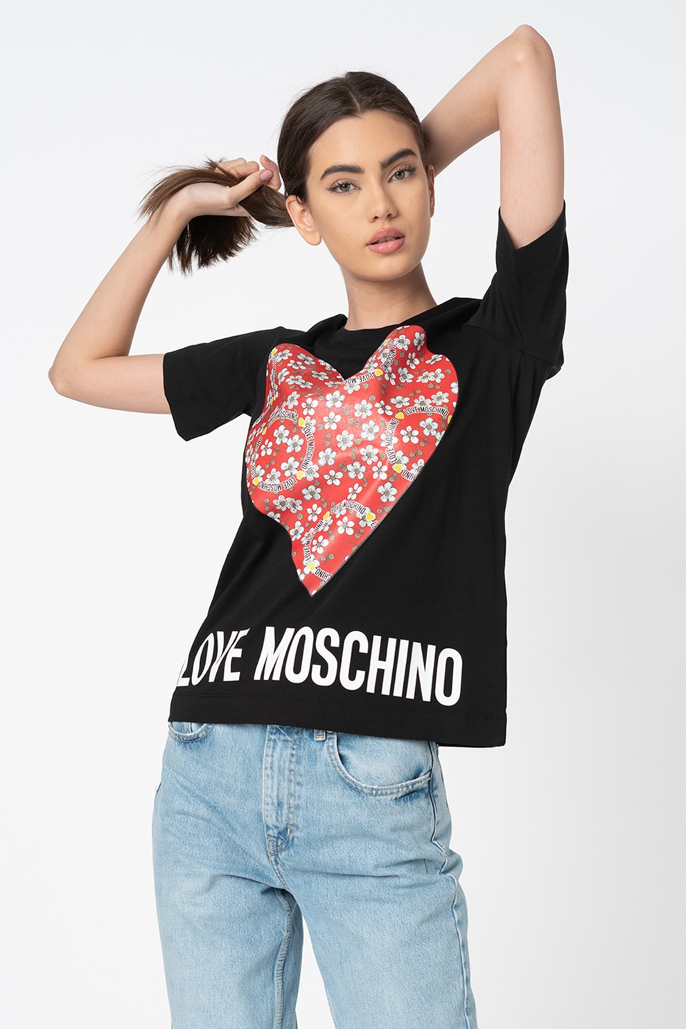 Love Moschino, Tricou cu imprimeu logo si decolteu la baza gatului, Negru/Roz corai/Galben
