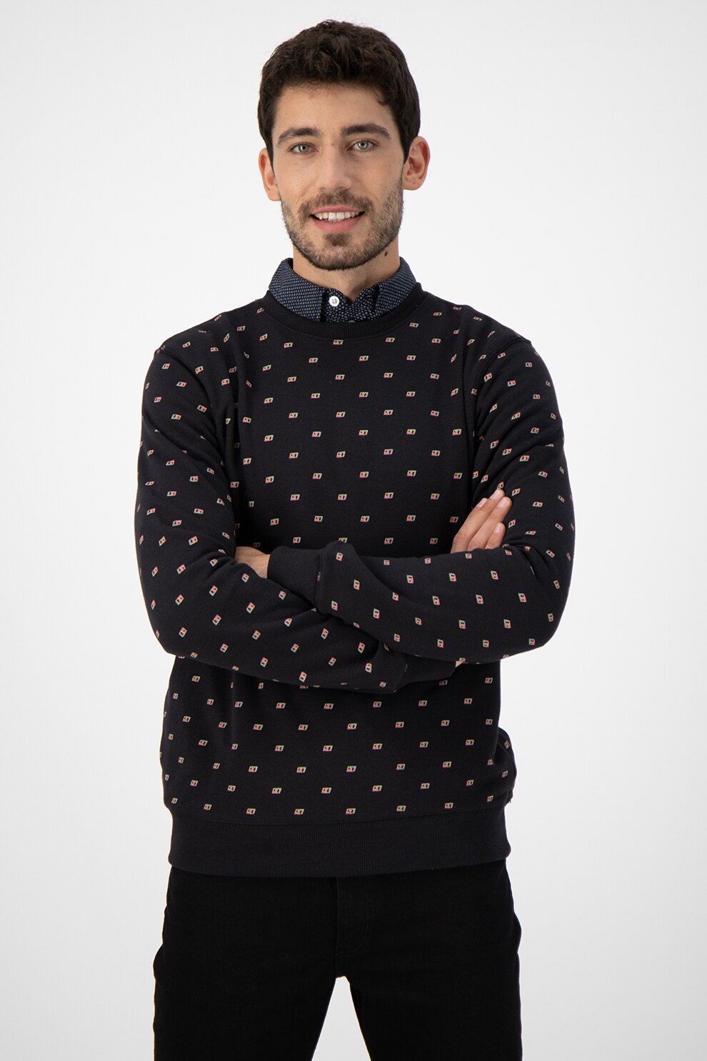 BLEND, Bluza sport cu decolteu la baza gatului si imprimeu, Negru/Verde electric/Lila, 2XL