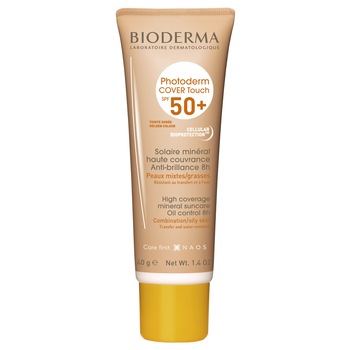 Fluid cu protectie solara Bioderma Photoderm Cover Touch SPF 50+ nuanta aurie pentru ten mixt si gras, 40 ml Fluid cu protectie solara Bioderma Photoderm Cover Touch SPF 50+ nuanta aurie pentru ten mixt si gras, 40 ml