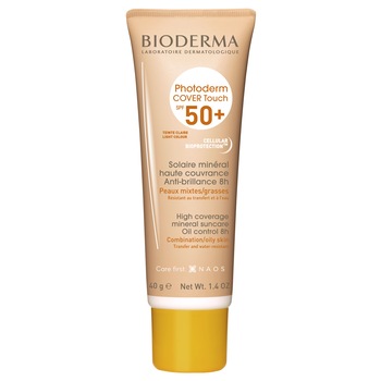 Fluid cu protectie solara Bioderma Photoderm Cover Touch SPF 50+ nuanta deschisa pentru ten mixt si gras, 40 ml Fluid cu protectie solara Bioderma Photoderm Cover Touch SPF 50+ nuanta deschisa pentru ten mixt si gras, 40 ml