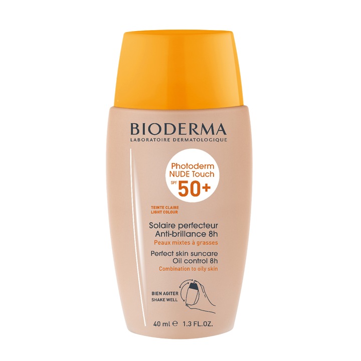Fluid cu protectie solara Bioderma Photoderm Nude Touch SPF 50+ nuanta deschisa pentru ten mixt si gras, 40 ml