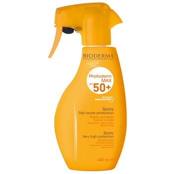 Spray cu protectie solara Bioderma Photoderm Max SPF 50+ pentru piele sensibila, 400 ml Spray cu protectie solara Bioderma Photoderm Max SPF 50+ pentru piele sensibila, 400 ml