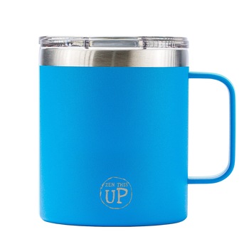 Cana termos inox premium pentru cafea, ceai, ZenThisUp, 355 ml, Albastru, cu maner, perete dublu vidat, capac cu slider magnetic Cana termos inox premium pentru cafea, ceai, ZenThisUp, 355 ml, Albastru, cu maner, perete dublu vidat, capac cu slider magnetic