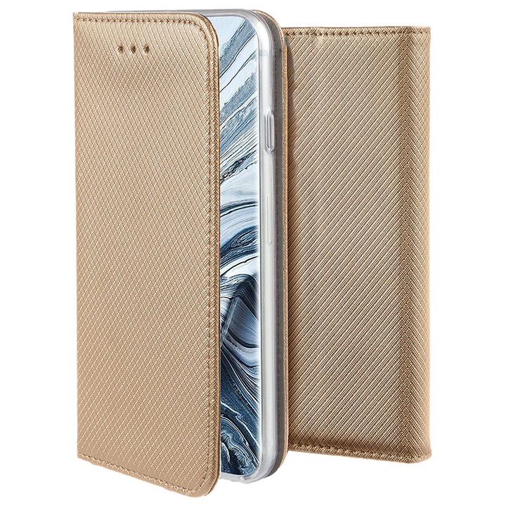 PU bőr kihajtható tok SAMSUNG Galaxy A21S készülékhez mágneses zárással, IAO Optim Soft Close, arany