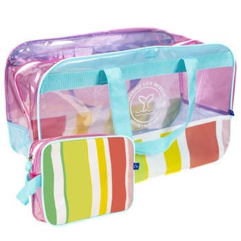 Geanta pentru plaja , Imaginarium , Maxisac Aquario Stripes , Transparenta , cu plasa pentru scurgere nisip Geanta pentru plaja , Imaginarium , Maxisac Aquario Stripes , Transparenta , cu plasa pentru scurgere nisip