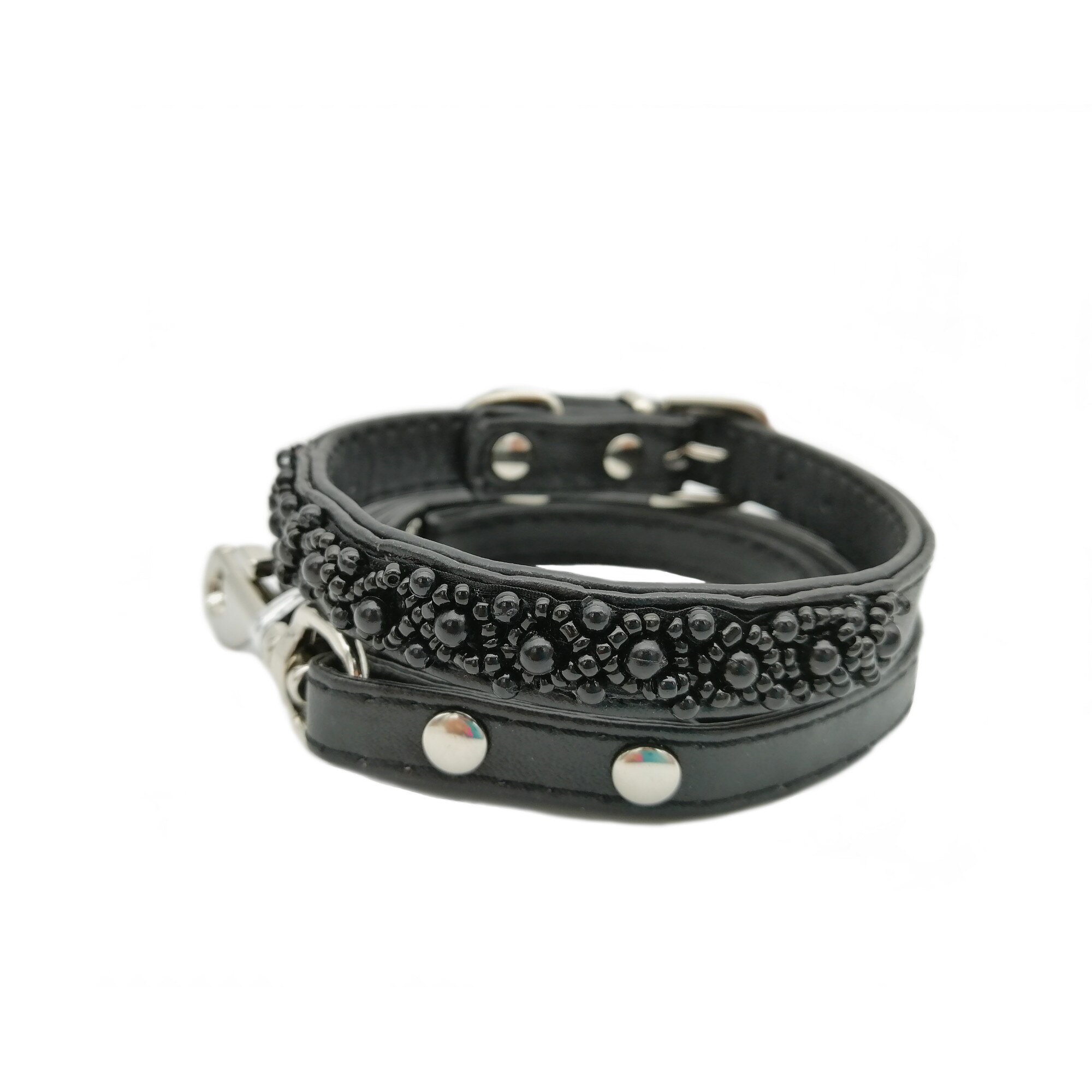 Set zgarda si lesa pentru caine, Croci, cu perle, S, negru, c5080362