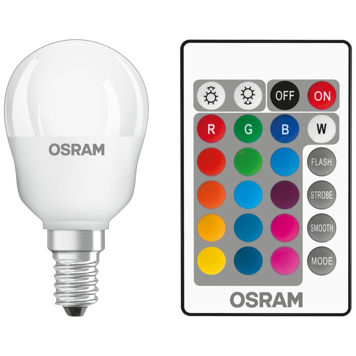 Bec LED RGBW cu telecomanda Osram Star P25, dimabil, E14, 4.5W (25W), 250 lm, A+, lumina alba si colorata