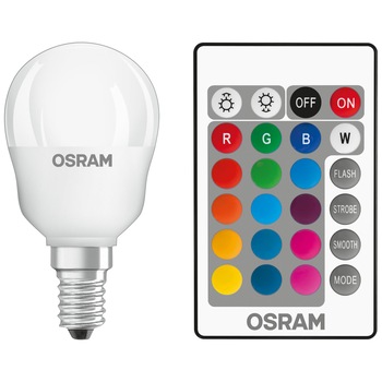Bec LED RGBW cu telecomanda Osram Star P25, dimabil, E14, 4.5W (25W), 250 lm, A+, lumina alba si colorata Bec LED RGBW cu telecomanda Osram Star P25, dimabil, E14, 4.5W (25W), 250 lm, A+, lumina alba si colorata