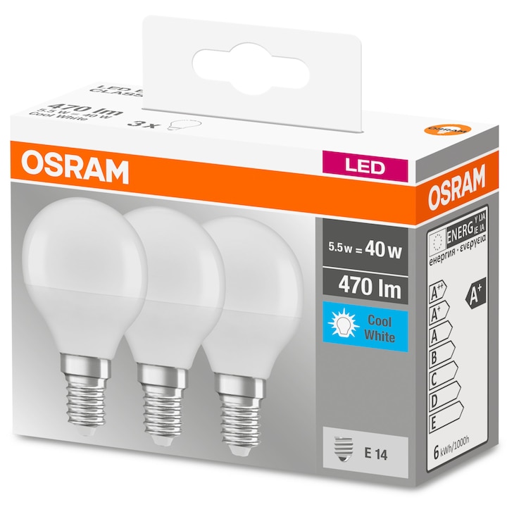 Osram Base Classic P40 LED izzó szett, 3 db, E14, 5.5W (40W), 470 lm, semleges fény (4000K)