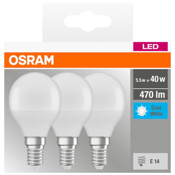 Set 3 becuri LED Osram Base Classic P40, E14, 5.5W (40W), 470 lm, lumina neutra (4000K), clasa energetica F