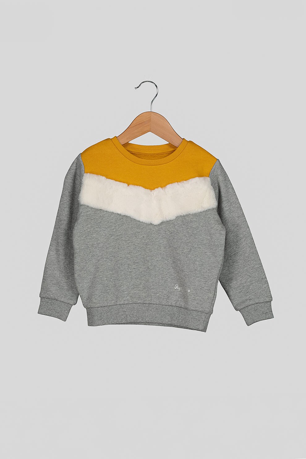 Pepe Jeans London, Bluza sport cu aplicatie pufoasa, Gri melange/Galben sofran/Alb