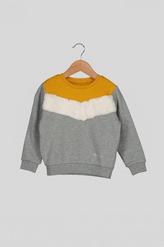 Pepe Jeans London, Bluza sport cu aplicatie pufoasa, Gri melange/Galben sofran/Alb Pepe Jeans London, Bluza sport cu aplicatie pufoasa, Gri melange/Galben sofran/Alb