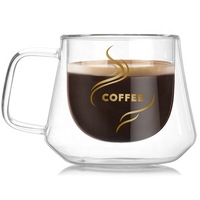 Ceasca cafea 200 ml, din sticla cu pereti dubli, Quasar&Co., termorezistenta, model rotund, mesaj COFFEE