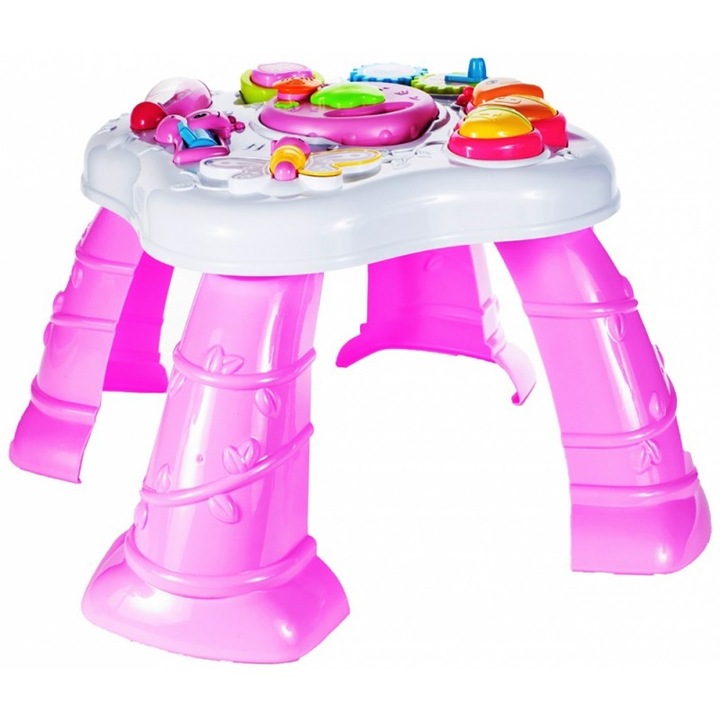 Jucarie interactiva Masuta cu activitati,sunete ,lumini,picioare si jucarii detasabile pentru bebelusi, Roz