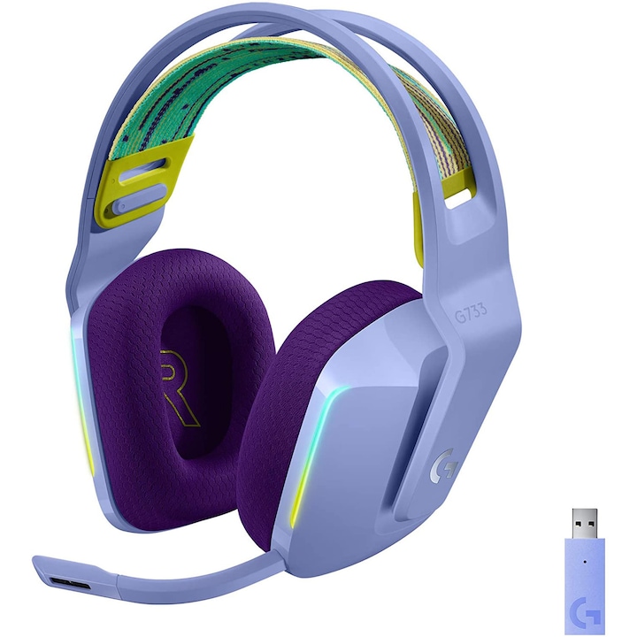 Casti gaming wireless Logitech G733, ultrausoare, Lightsync RGB, Lilac