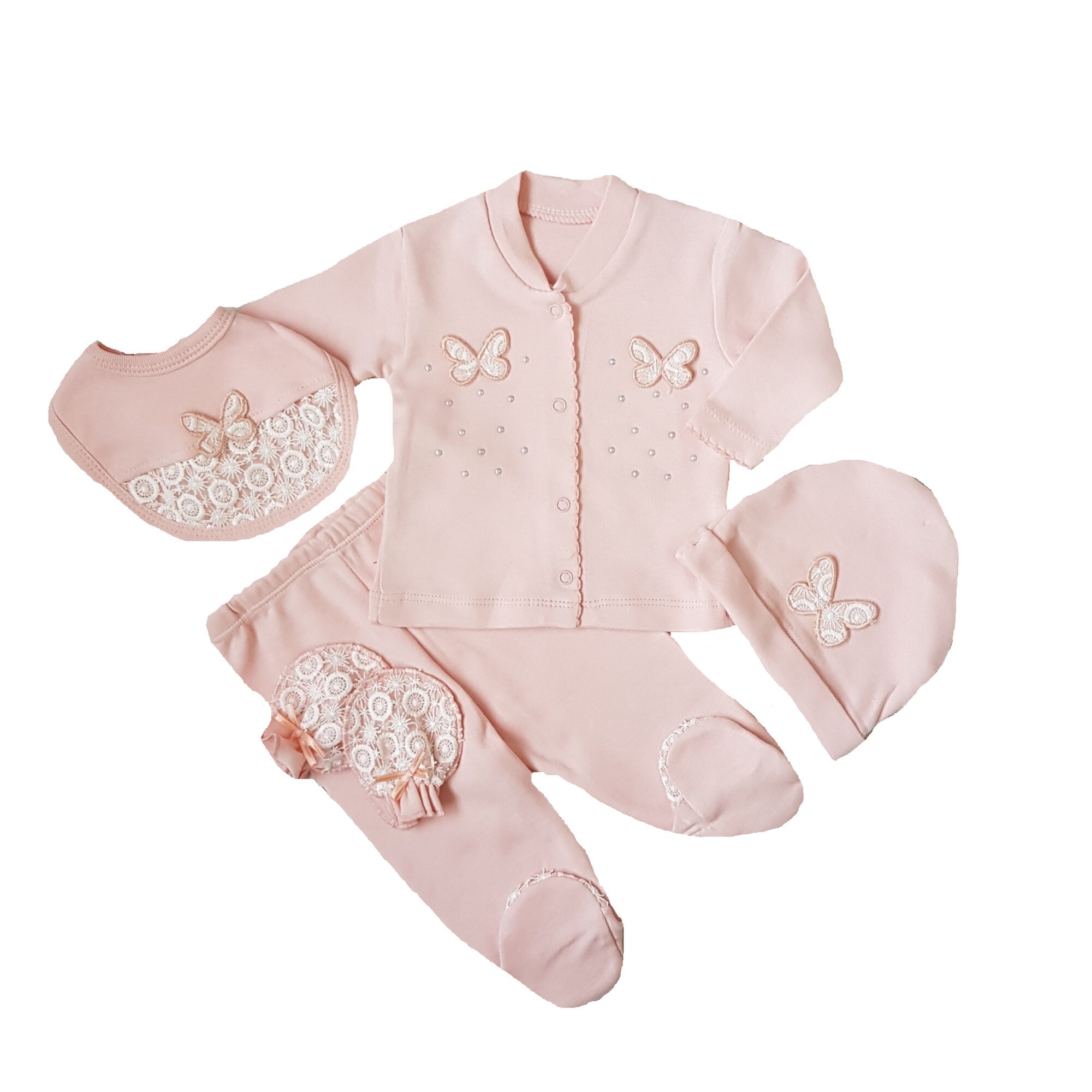 Compleu bebe din 5 piese, bumbac, Fluturasi, 0-1 luni, 56 cm, Roz