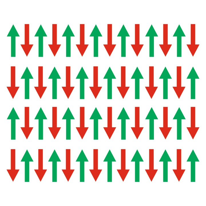 Set 56 sageti indicatoare Covid-19, pentru semnalizarea directiei, podea sau perete, verde-rosu, 9 x 23 cm