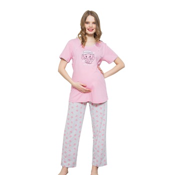 Pijama pentru mamici, Vienetta, model Hello, roz/gri, Roz pal/Gri deschis Pijama pentru mamici, Vienetta, model Hello, roz/gri, Roz pal/Gri deschis