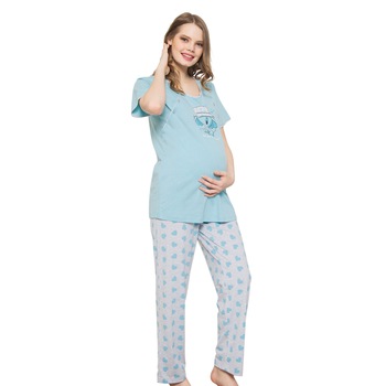 Pijama pentru mamici, Vienetta, model Hello, bleu/gri, Bleu/ Gri Pijama pentru mamici, Vienetta, model Hello, bleu/gri, Bleu/ Gri