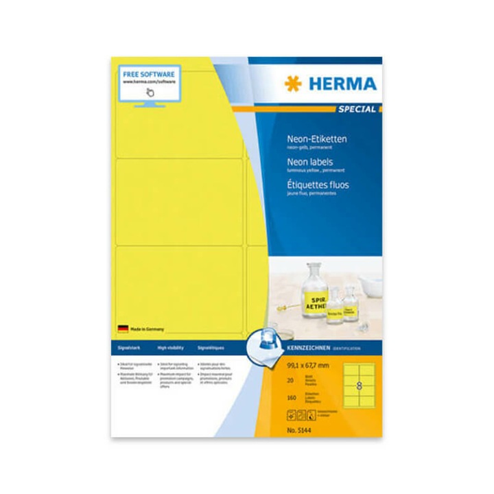 99,1*67,7 mm-es Herma A4 íves etikett címke, neon sárga színű (20 ív/doboz)